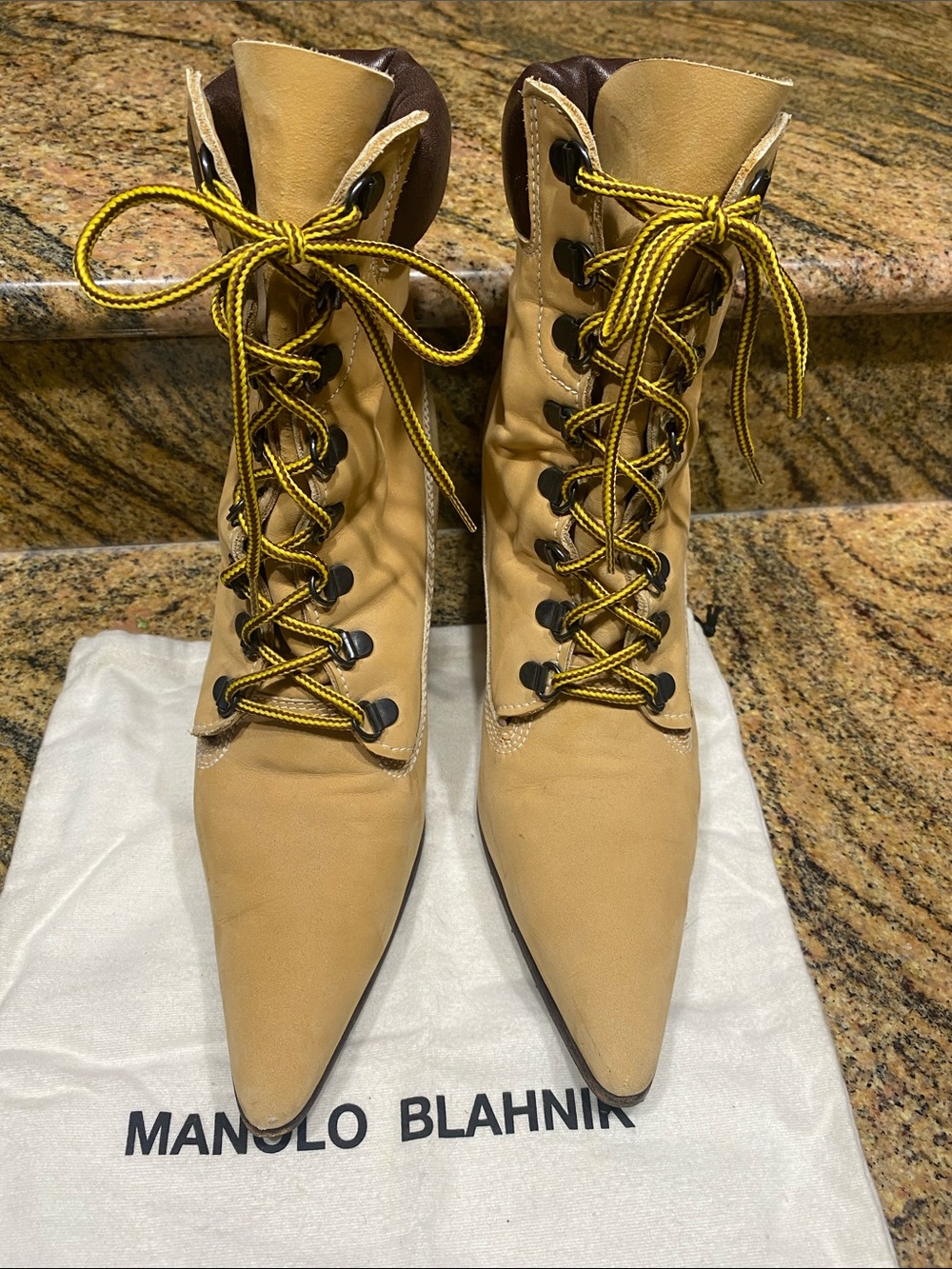 Manolo Blahnik Tan Oklamod Lace-Up Ankle Boots with original Yellow/brown Laces